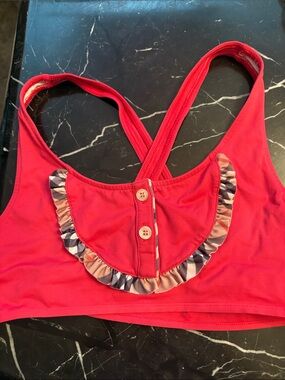 Authentic Girls Burberry Red Racerback Swim Top with Plaid Ruffle Accent